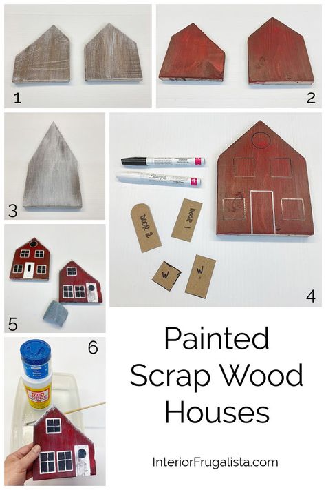 Painted Scrap Wood Houses Scrap Wood Block Crafts, Scrap Wood Houses Christmas, Small Painted Wooden Houses, Small Scrap Wood Projects Diy Wooden Blocks, Mini Wood Crafts, Mini Wood Houses Diy, Diy Wooden House Decor, Tiny Wood Houses Crafts, Decorative Wooden Houses