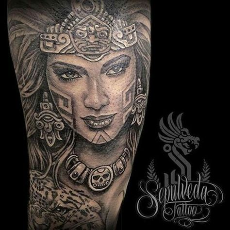 Aztec Warrior Princess Tattoo, Aztec Portrait, Aztec Princess Tattoo, Warrior Princess Tattoo, Aztec Warrior Princess, Aztec Princess, Aztec Warrior Tattoo, Aztec Tattoos Sleeve, Azteca Tattoo