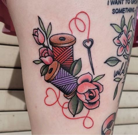 Sewing Tattoo, Grandchildren Tattoos, Cross Stitch Tattoo, Sewing Tattoos, Knitting Tattoo, Teacup Tattoo, Grandma Tattoos, Crochet Tattoo, Red Rose Tattoo