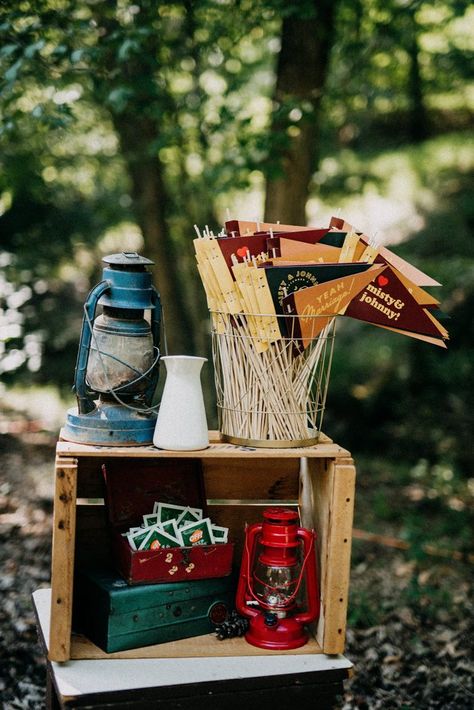 Earthy DIY St. Louis Wedding at Camp Wyman | Junebug Weddings Camping Wedding Invitations, Summer Camp Themes, Campground Wedding, Summer Camp Wedding, Mini Lanterns, Woodsy Wedding, Camp Vibes, Camp Style, Camping Birthday