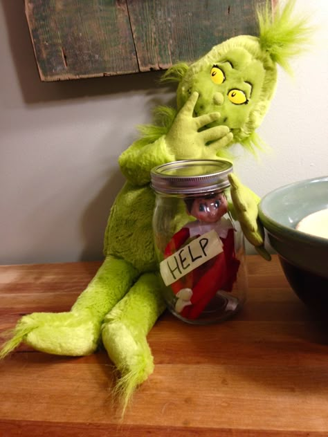 Elf On A Shelf In A Jar, Elf On The Shelf With The Grinch Ideas, Elf On The Shelf Ideas With The Grinch, Elf On Shelf And Grinch, Grinch With Elf On The Shelf, Grinch Elf On Shelf, Elf With Grinch Ideas, Grinch On A Shelf, Grinch On A Shelf Ideas