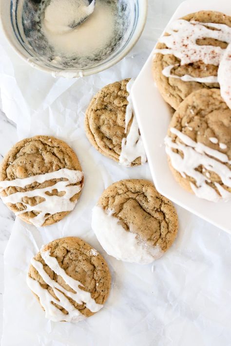 Chai latte cookies Cookies To Dip In Coffee, Frosted Chai Cookies, Chewy Chai Bars, Iced Chai Cookies, Chai Tea Cookies Recipes, Dairy Free Fall Cookies, Chai Spice Cookies Recipe, Chai Concentrate Cookies, Chai Pumpkin Cookies