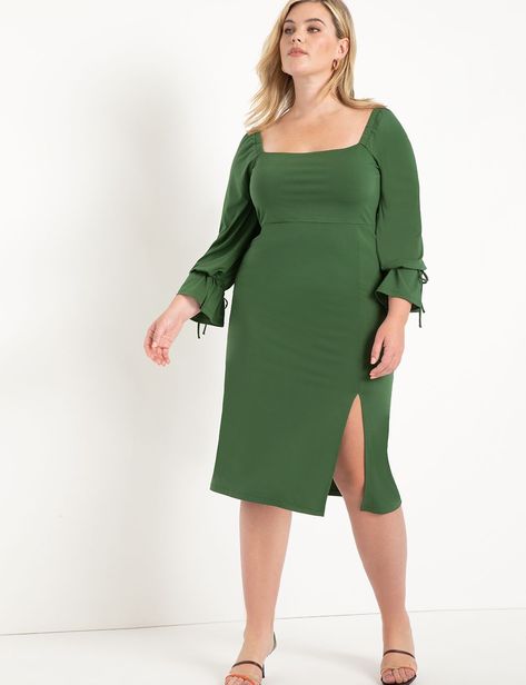 Square Neck Dress With Tie Sleeve | Women's Plus Size Dresses | ELOQUII Plus Size Winter Dresses, Apple Dress, Apple Shape, Plus Size Winter, Balloon Sleeve Dress, Clothing Catalog, Square Neck Dress, Neck Line, Plus Size Designers