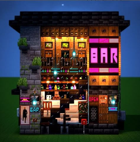 Cyberpunk City Minecraft Builds, Minecraft City Builds Ideas, Minecraft Nightclub Ideas, Minecraft Tailor Shop, Minecraft Record Shop, Minecraft Arcade Building, Neon City Minecraft, Ramen Banner Minecraft, Bar Ideas Minecraft