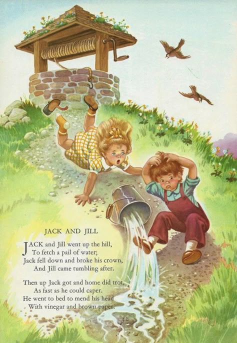 Jack And Jill Poem Nursery Rhymes, Jack And Jill Illustration, Vintage Nursery Rhymes Illustrations, Jack And Jill Went Up The Hill, Poem Illustration Ideas, Poem Illustration Art, Vintage Children's Books Illustrations, Jack And Jill Nursery Rhyme, Children Poems