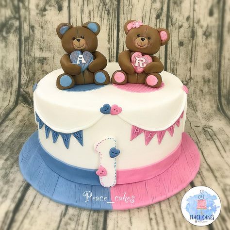 Pink Blue Cake Birthday, Twin Birthday Cake Ideas, Twin First Birthday Cake, Twins Cake Ideas, Twins Birthday Cake Ideas, Twins First Birthday Cake, Birthday Cake Teddy Bear, Teddy Bear Topper, Twin Baby Birthday