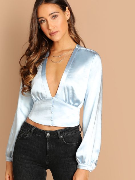 Deep V-Neck Satin Button Front Bishop Sleeve Blouse -SheIn(Sheinside) Deep Neck Tops, Deep V Neck Blouse, Satin Tops, Bishop Sleeve Blouse, Diy Vetement, Trendy Dress Outfits, Satin Blouses, Crop Top Outfits, Bishop Sleeve