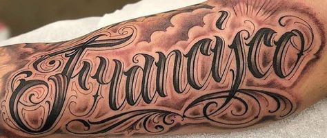 Chicano Forearm Tattoo, Arm Tattoos Lettering, Loyalty Tattoo, Baby Name Tattoos, Names Tattoos For Men, Tattoo Lettering Styles, Cool Tattoo Drawings, Pretty Hand Tattoos, Chicano Style Tattoo