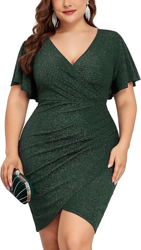 Amazon.com: ZOMVA Plus Size 1X-4X Sparkly Glitter Ruched Bodycon Mini Dress Sparkle Sequin Wrap Ruffle Sleeve Dress Cocktail Party Formal : Clothing, Shoes & Jewelry Mini Gown, Plus Size Elegant Dresses, Dress Sparkle, Dress Cocktail Party, Formal Clothing, Party Outfits For Women, Plus Size Party Dresses, Casual Day Dresses, Evening Gowns Elegant