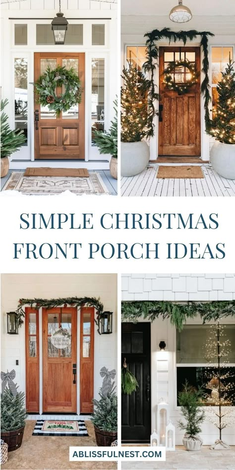 Embrace the festive season with simple christmas front porch ideas that are both stylish and budget-friendly. Think rustic wreaths, fairy lights, and cozy accents that will add just the right amount of Christmas magic. Even with minimal decorations, you can create a welcoming entrance for family and friends. Start planning your holiday porch today! #christmasdecor #frontporchstyle #holidaycheer Minimalist Christmas Front Porch, Front Entrance Christmas Decor, Porch Xmas Tree, Simple Christmas Front Porch, Simple Christmas Porch Decor, Simple Christmas Porch, Small Christmas Decor, Front Entrance Decor, Small Front Porch Christmas Decor