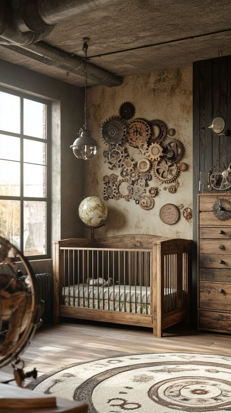 Industrial-style gender-neutral nursery with vintage gears, wooden crib, rustic dresser, floral rug, and soft lighting. Steampunk Nursery, Vintage Style Nursery, Vintage Gender Neutral Nursery, Vintage Train Nursery, Americana Nursery, Twin Nursery Gender Neutral, Nursery Ideas For Boys, Vintage Baby Rooms, Vintage Airplane Nursery