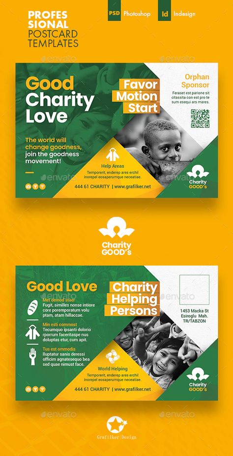 Charity Postcard Templates by grafilker | GraphicRiver Postcard Layout, Marketing Postcard, Free Social Media Templates, Best Banner Design, Ads Design, Corporate Identity Design, Food Graphic Design, Stationary Design, Postcard Template