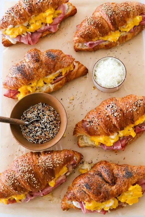 Croque Monsieur Breakfast Croissants | Moribyan Breakfast Delivery Ideas, Belgian Breakfast, Copycat Cava, Cava Copycat, Kefta Kabob, Crazy Feta, Moroccan Kefta, Farm Meals, Sushi Cups