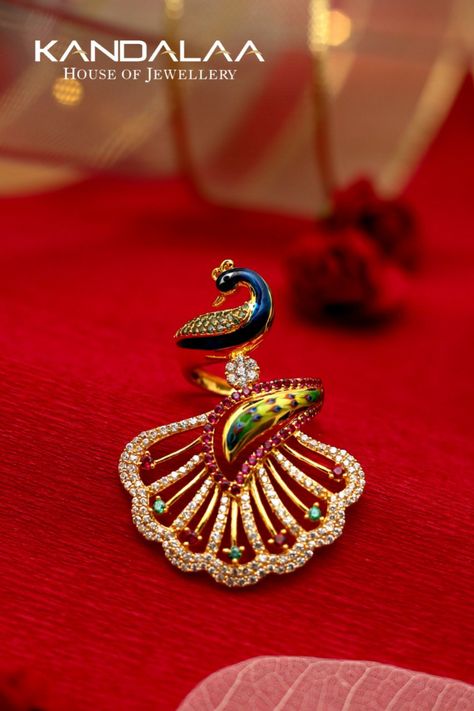 Peacock Rings Gold, Peacock Ring Design, Peacock Ring Design Gold, Peacock Jewellery Design, Maroon Anarkali, Antique Gold Bracelet, Peacock Ring, Peacock Jewelry, Delicate Gold Jewelry