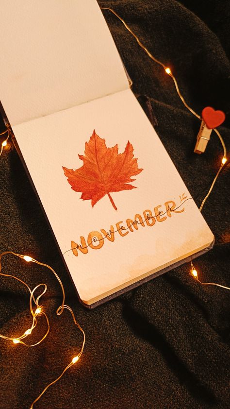 Watercolor painting🍁 November Diary Ideas, Small Diary Art, November Birthday Card Ideas, How To Decorate Diary Cover, Dairy Painting Ideas, Simple Cover Page Ideas, November Sketches, Diary Cover Ideas, November Cover Page