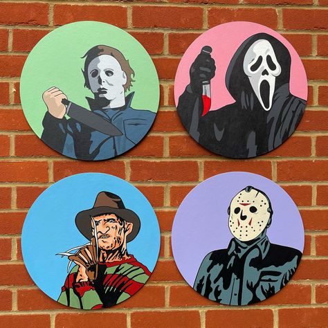 Slasher icon canvases  40cm diameter  Hand painted acrylic on canvas board  £50 individually  Great gift Can do custom orders Horror Movie Characters Painting, 2 Piece Artwork, Horror Movie Painting Ideas, Horror Movies Paintings, Oogie Boogie Painting Canvas, Things To Paint Halloween, Scream Painting, Horror Movie Paintings, Horror Painting