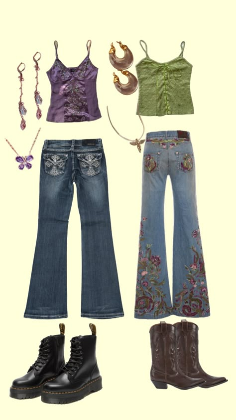 i loveee my camis and flared jeans 🩵🩵🩵 #flaredjeans #camitops #vintage #outfitinspo #purple #green #y2k #boots Y2k Jeans Outfit, Green And Purple Outfit, Flare Jean Outfit, Y2k Boots, Green Y2k, 70s Outfits, Outfits Y2k, Purple Outfits, Really Cute Outfits