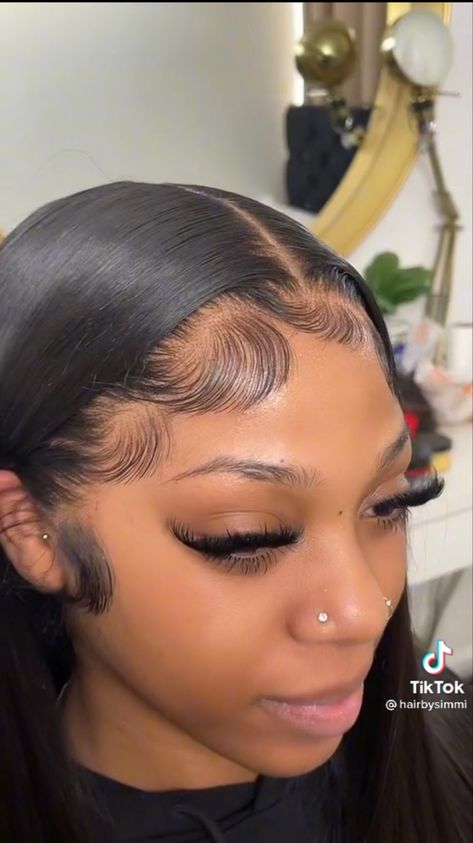 Edges On Wigs Middle Part, Babyhairs Edges Wig, Slick Back Lace Front Wig, Middle Part Wig With Edges, Fluffy Edges Frontal, Dramatic Lace Front Edges, Frontal Edges Middle Part, Lace Wig Edges, Middle Part Dramatic Edges