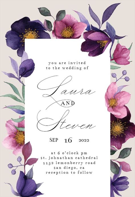 Purple Flower Invitation Template, Purple Invitation Card, Purple Floral Invitation, Pink And Purple Wedding, Pink Purple Flowers, Free Wedding Invitation Templates, Free Wedding Invitations, Dinner Party Invitations, Greetings Island