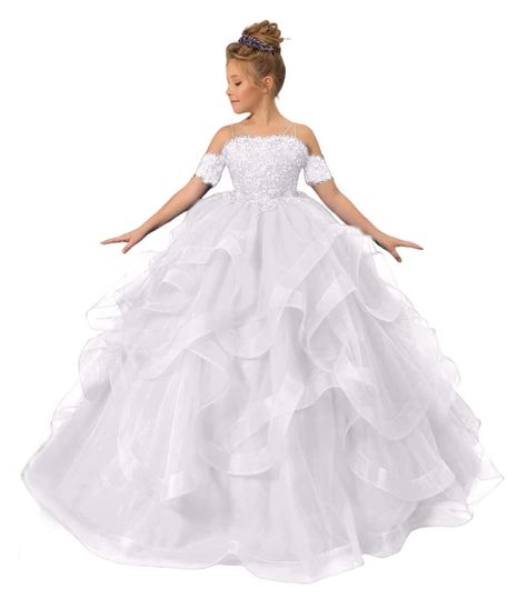 White Princess Style Organza Pageant Dress, White Organza Princess Dress For Pageants, White Ruffled Ball Gown Pageant Dress, First Communion Ball Gown With Ruffles, Toddler Pageant Dresses White, Ruffle Flower Girl Dress, Kids Pageant Dresses, Tulle Applique, Dresses Pageant