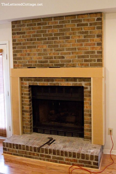 Fireplace Makeover - The Lettered Cottage Fireplace Bricks Ideas, Brick Fireplace Surround Makeover, Refined Living Room, Mantle For Brick Fireplace, Fireplace Mantle On Brick, Painted Fireplace Color Ideas, Fireplace Makeover With Hearth, How To Update Brick Fireplace, Basement Brick Fireplace Makeover