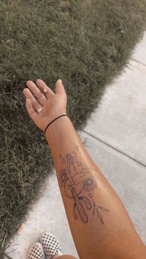 Cactus tattoo | long horn skull tattoo | sunflower tattoo Forearm And Wrist Tattoos, Tatoos Western, Westerns Tattoos, Barrel Racing Tattoos Ideas, Men’s Sleeve Tattoo Country, Western Wildflower Tattoo, Small Western Hand Tattoos, Western Spine Tattoo Ideas, Western Floral Tattoo Sleeve Ideas