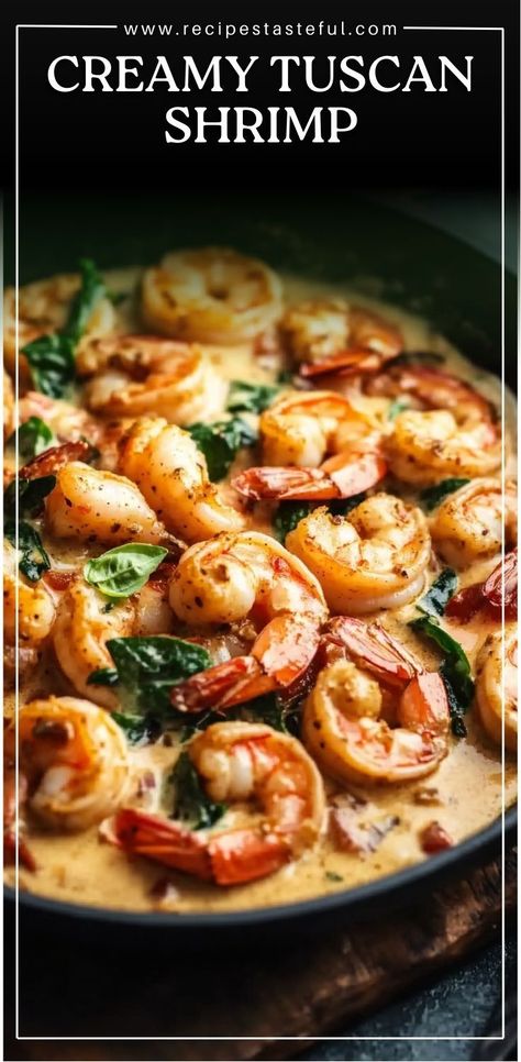 A quick and creamy Tuscan-style shrimp dish featuring spinach, artichokes, and sun-dried tomatoes, perfect for a weeknight dinner. Sun Dried Tomato Shrimp, Spinach And Shrimp Pasta, Spinach And Shrimp Recipes, Shrimp Spinach Recipes, Shrimp Spinach Pasta Recipes, Shrimp And Mushroom Recipes, Tuscan Shrimp And Spinach, Tuscan Shrimp Pasta, Shrimp And Spinach Recipes