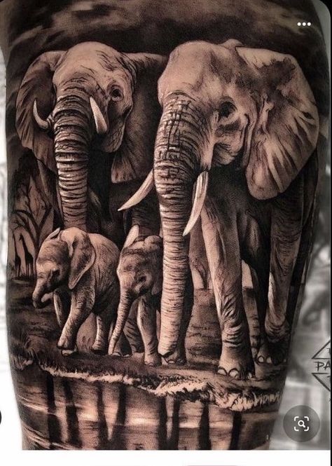 Gorilla Family Tattoo, Elephant Family Tattoo Design, Elephant Tattoos Design, Elephant Family Tattoos, Elephant Tattoo Sleeve, Elephant Back Tattoo, African Warrior Tattoos, Realistic Elephant Tattoo, Elephant Family Tattoo