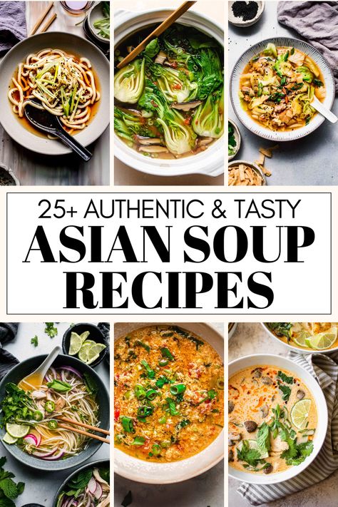 Journey through Asia with this curated collection of 25+ Asian soups from a diverse range of countries like Japan, China, Thailand, Vietnam, Korea, and Indonesia! Whether you're craving the comforting warmth of a steaming bowl of ramen, the aromatic spices of Thai coconut soup, or the nourishing goodness of Chinese herbal soups, this roundup has something for every soup lover. Asian Inspired Soup Recipes, Noodle Soups Asian, Japanese Soups And Stews, Soup Asian Recipes, Chinese Food Recipes Soup, Asian Style Soup, Healthy Asian Soup, Soups From Around The World, Asian Soups Recipe