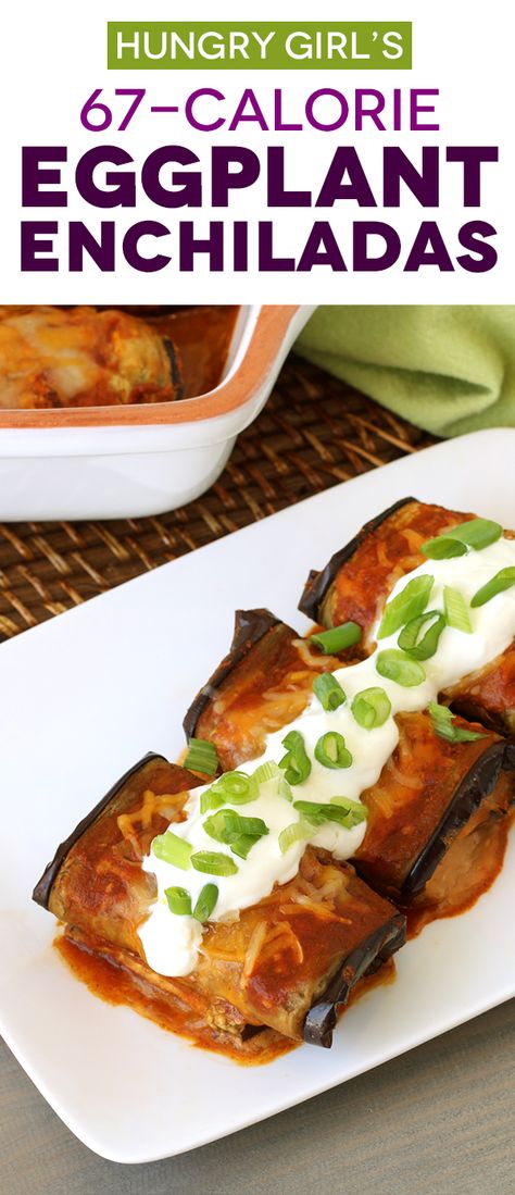 Bean & Cheese Eggplant Enchiladas + More Healthy Mexican Recipes | Hungry Girl Eggplant Mexican Recipe, Eggplant Enchiladas, Eggplant Recipes Low Calorie, Weight Watcher Eggplant Recipes, Ww Eggplant Recipes, Mexican Eggplant Recipes, Egg Plant Recipes Healthy, Healthy Eggplant Recipes, Eggplant Recipes Healthy