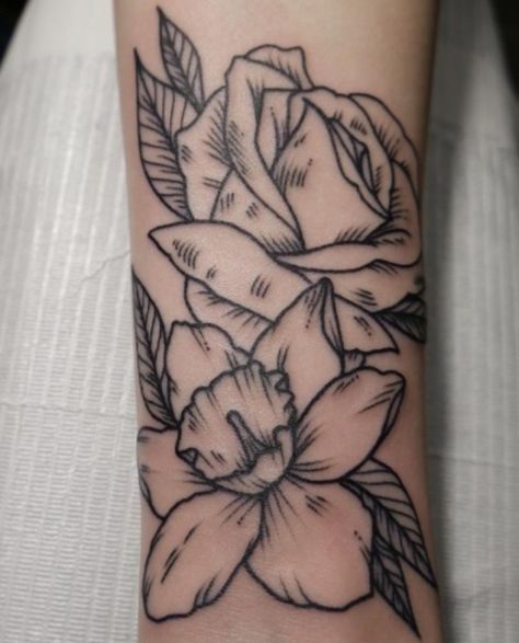 Narcissus And Rose Tattoo, White Narcissus Flower Tattoo, Daffodil And Rose Flower Tattoos, Paper White Narcissus Tattoo, Rose And Daffodil Tattoo, Daphodil Tattoo, Daffodil And Rose Tattoo, Narcissus Flower Tattoo Black And White, Tattoo Birth Flowers