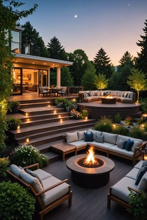 Deck Off Hillside, Deck Connected To Patio, High Decks Backyard Patio Ideas, Garden Levels Ideas, Terraced Decking, Multi Level Deck Ideas On A Slope, Tiered Deck On Slope, Two Level Backyard, Deck Multi Level