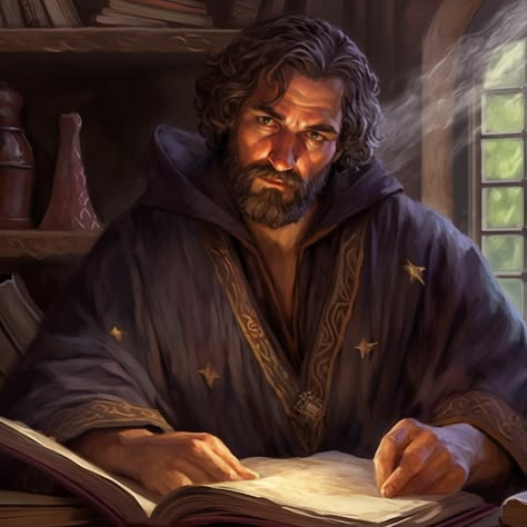 male human wizard with brown hair and a beard, he is rough yet handsome, learned and wise, he is wearing grey robes, studies history and magic, has a furrowed brow yet kind, sitting at a desk with a book of notes, in a cottage with wood furnishings Middle Aged Wizard, Young Wizard Male, Human Wizard Male, Handsome Wizard, Bearded Wizard, Wizard Rpg, Wizard Character Design, Wizard Portrait, Wizard Dnd