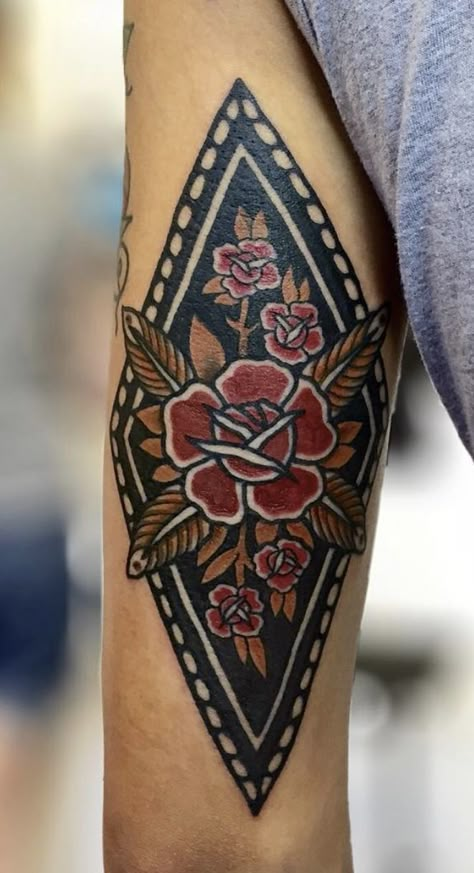 Traditional Inner Forearm Tattoo, Traditional Style Cover Up Tattoo, Muted Color Tattoo, American Traditional Cover Up, Traditional Tattoo Shoulder Cap, American Traditional Cover Up Tattoo, Traditional Bicep Tattoo, American Traditional Nature Tattoo, Framed Traditional Tattoo