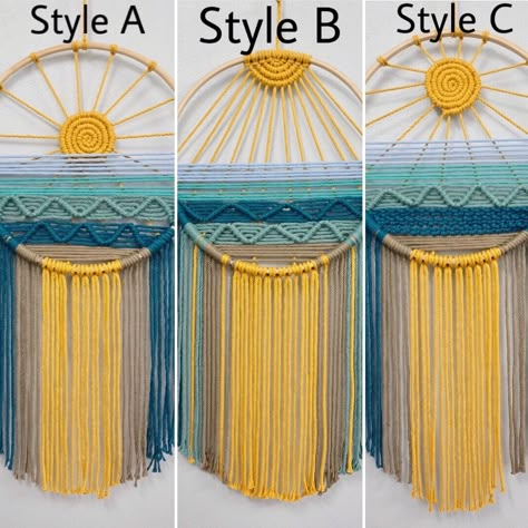 Macrame Sunset Wall Hanging, Macrame Sun Wall Hanging, Beach Macrame Wall Hangings, Sunrise Macrame, Round Macrame Wall Hanging Diy, Sunshine Macrame, Sunset Macrame, Star Wreaths, Macrame Sun