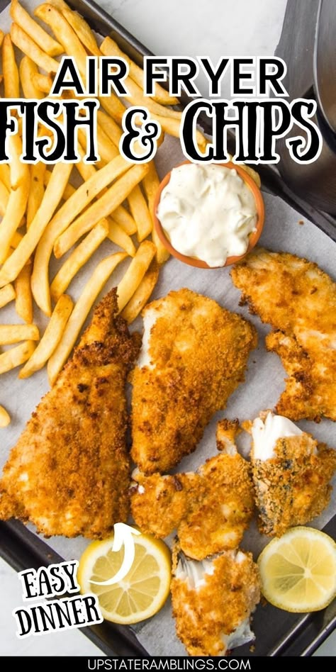 Crispy Air Fryer Fish and Chips  for easy meal Pinterest pin. Healthy Fish Fry, Air Fryer Fish N Chips, Airfryer Fish And Chips, Fish And Chips Recipe Air Fryer, Dash Meals, Airfryer Fish, Air Fryer Fish And Chips, Crispy Air Fryer Fish, Homemade Fish And Chips