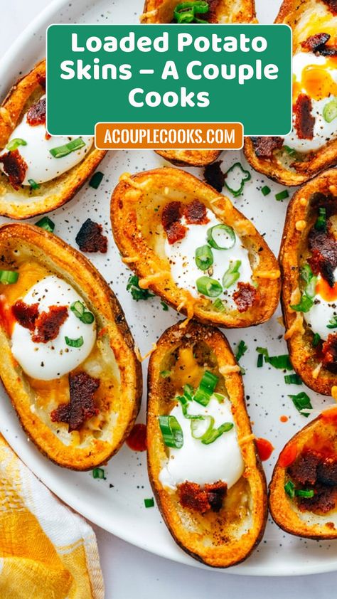 Loaded potato skins are the best party appetizer! Make them crispy baked and shower with toppings (this recipe has a time saving trick). Potato Skins Recipe, Loaded Potato Skins, Best Party Appetizers, A Couple Cooks, Couple Cooking, Loaded Potato, Party Appetizer, Potato Skins, Best Party