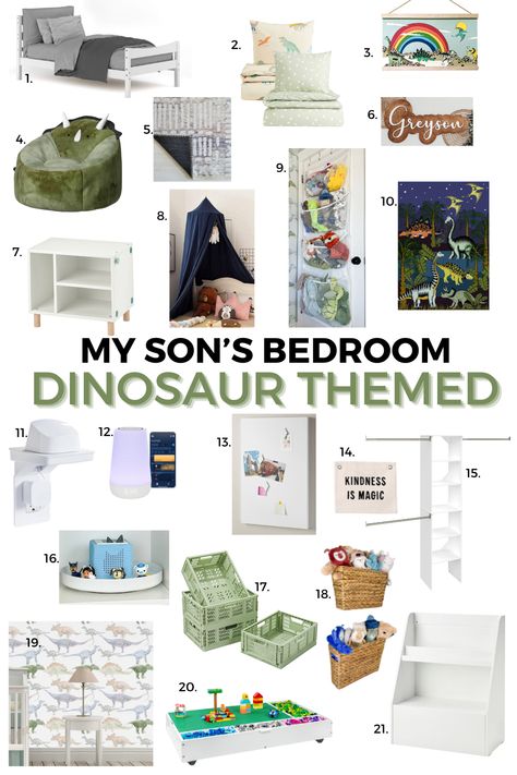 Toddler Room Makeover — Playroom Inspo Toddler Dinosaur Room, Toddler Room Makeover, Dinosaur Toddler Room, Boys Dinosaur Bedroom, White Wooden Bed, Dino Theme, Dinosaur Bedroom, Dinosaur Room, Green Duvet