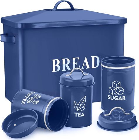 E-far Navy Blue Bread Box with Canister Sets for Kitchen Countertop, Metal Storage Container Holder for Farmhouse Decor, Vintage Style & Extra Large - Holds 2+ Loaves Sugar Coffee Tea Canister Sets For Kitchen, Floor Vase Fillers, Blue Bread, Metal Storage Containers, Diy Floral Decor, Bathroom Wall Decor Art, Blue Bathroom Decor, Metal Canisters, Bread Box