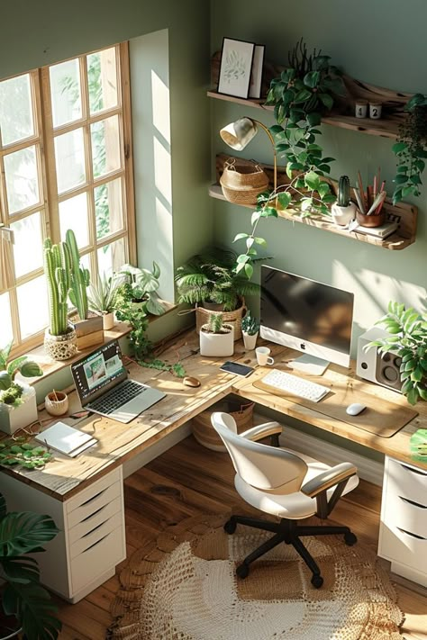 Desk With Plants Ideas, Small Design Studio Workspace, Office Inspo Workspaces, Home Office 2 Desks, Studio Ideas Office, Boho Office Space Workspaces, Boho Home Office Ideas, Desk In The Living Room, Desk Ideas For Small Spaces