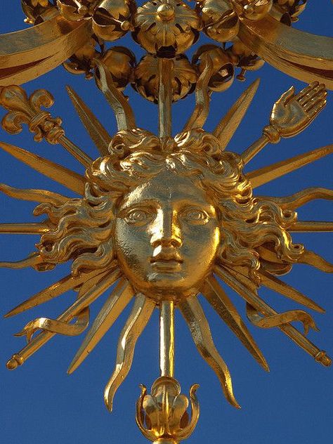 King Louis  XIV was nicknamed "The Sun King." His face as the Sun King is on Versailles. The Sun King, King Louis Xiv, Sun King, Louis Xiv Versailles, Turandot Opera, Chateau Versailles, Golden Sun, Jean Baptiste, Palace Of Versailles