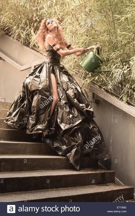 Bin Bag Dress, Clothes From Recycled Materials, Alien Couture, Sustainable Fashion Photography, Recycle Dress, Creative Dress, Junk Kouture, Watering Flowers, Plastic Clothing