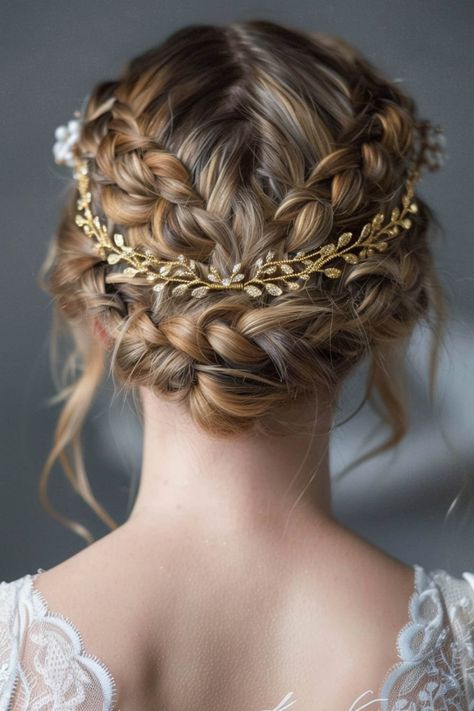 Elegant braided updo hairstyle with a golden leaf headband on a woman wearing a white lace dress. Grecian Style Wedding Hair, Fantasy Hairstyles Updo, Braid Crown Wedding Hair, Wedding Hairstyles Updo With Braid, Wedding Hair With Braids, Wedding Hairstyles Braid, Creative Hair Color Ideas, Princess Updo, Intricate Braided Updo