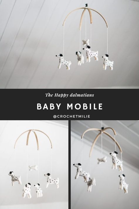 This adorable hanging mobile features 4 dalmatians crocheted with black and white real wool. It's perfect for dog's lover nursery theme. Dalmatian Themed Nursery, Dalmatian Nursery Ideas, 101 Dalmations Nursery Ideas, 101 Dalmatians Nursery, Dogs Nursery, Dalmatian Nursery, Dog Nursery Theme, Kids Rooms Inspo, Registry Ideas