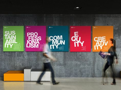 Bright colors or black and white. Pick your fave messages/words. Office Wall Graphics, Office Graphics, Minimalist Poster Design, Corporate Values, Office Wall Design, Corporate Office Design, Office Space Design, Office Branding, Office Poster