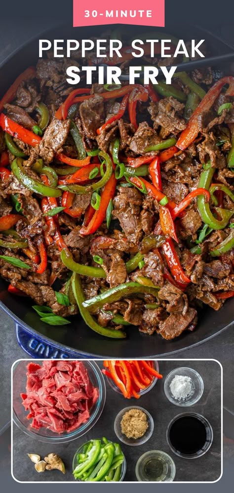 This pepper steak stir fry features colorful bell peppers and tender flank steak tossed in a savory sauce of garlic and ginger. Simple yet so satisfying! Flank Steak Recipes Skillet, Pepper Steak And Broccoli Recipe, Cubed Steak Stir Fry, Teriyaki Pepper Steak Recipe, Beef And Green Peppers Stir Fry, Top Beef Sirloin Steak Recipes, Easy Sirloin Steak Recipes Simple, Top Sirloin Steak Fajitas, Healthy Sirloin Recipes