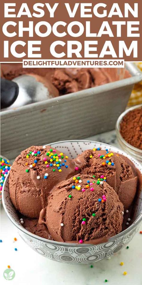 Indulgent, rich, and velvety homemade vegan chocolate ice cream that beats anything store-bought! With just a few ingredients and an ice cream maker / churn, you can whip up this creamy, melt-in-your-mouth treat that’s easy to scoop—never icy. It's completely dairy-free with no eggs, bananas, or nuts, and so delicious that no one will ever know it’s vegan. Vegan Chocolate Ice Cream Recipe, Homemade Vegan Chocolate, Vegan Chocolate Ice Cream, Banana Ice Cream Vegan, Healthy Homemade Ice Cream, Non Dairy Ice Cream, Cuisinart Ice Cream Maker, Chocolate Ice Cream Recipe, Vegan Ice Cream Recipe