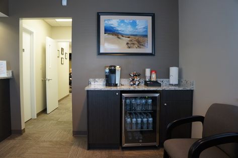 Dental Office Waiting room - beverage center Office Coffee Station, Office Coffee Bar, Waiting Room Design, Diy Coffee Station, Office Waiting Rooms, Medical Office Design, Cabinet Medical, Office Lobby, Home Coffee Stations