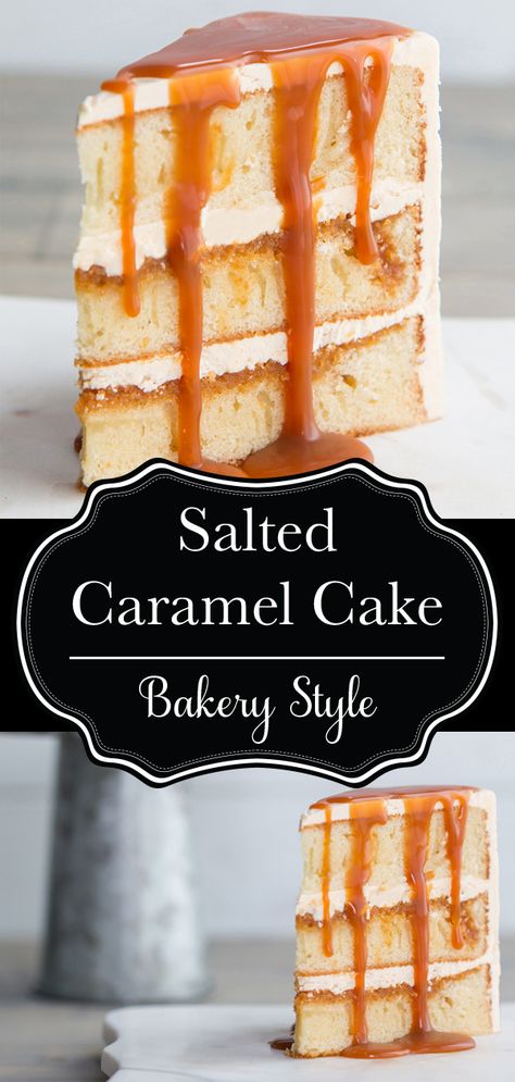 Salted caramel bakery style cake. Moist vanilla cake with a salted caramel meringue buttercream, and a salted caramel sauce. This is the cake I make for myself every year for my birthday! I used to pay $80 for an 8" cake like this from a bakery, then I made my own copycat version and it is EXACTLY the same!  #saltedcaramelcake #buttercream #meringuebuttercream #saltedcaramelbuttercream #vanillacake #caramelsauce #bakerystyle #copycat #birthdaycake #cake #dessert #recipe #delicious #food Caramel Filled Cake, Caramel For Cake Filling, Homemade Cake With Filling, Vanilla Cake With Caramel Filling, Caramel Sauce For Cake Filling, Salted Caramel Mousse Cake, Caramel Cake Filling Recipe, Vanilla Cake With Filling Ideas, Salted Caramel Layer Cake