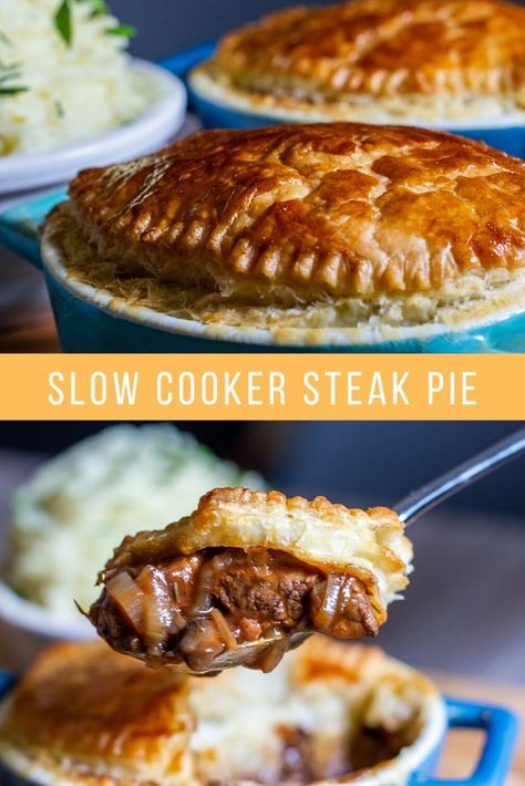 Slow Cooker Steak Pie - Tender chunks of braised beef steak slow cooked in a rich, dark onion gravy and topped with a puff pastry lid. A simple and delicious classic combination! Slow Cooker Steak Pie, Steak Pie Recipe, Beef Pie Recipe, Beef And Onions, Steak Pie, Slow Cooker Steak, Beef Stroganoff Crockpot, Delicious Steak, Beef Pies